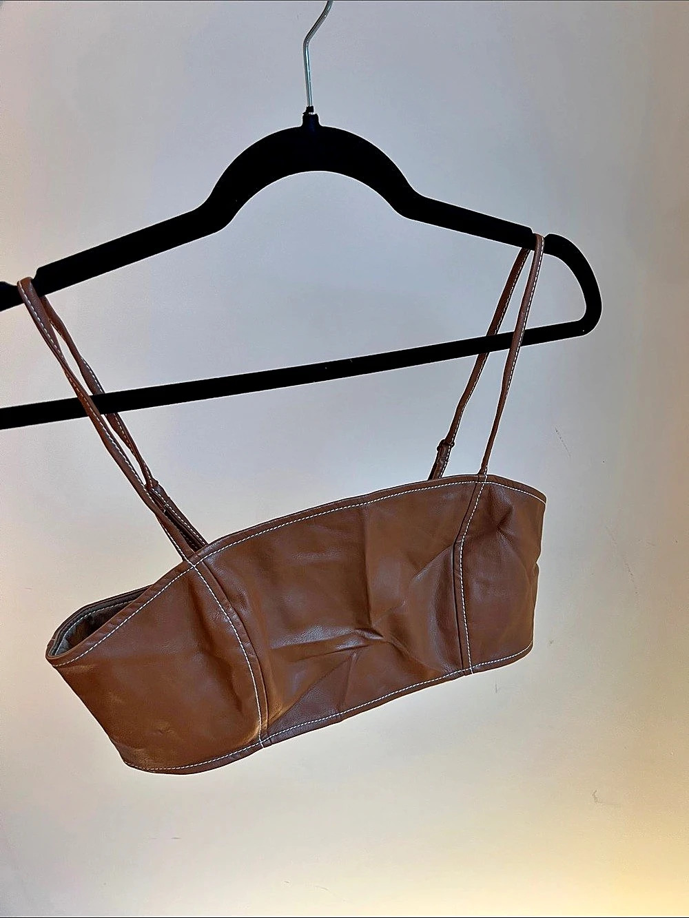 STAUD Faux Leather Bandeau Crop Top Brown
